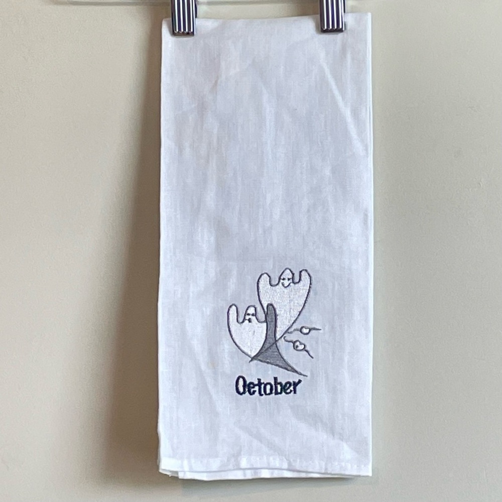 NWOT Cotton October Halloween Ghost  Goblin Tea Kitchen Towel Embroidered White
